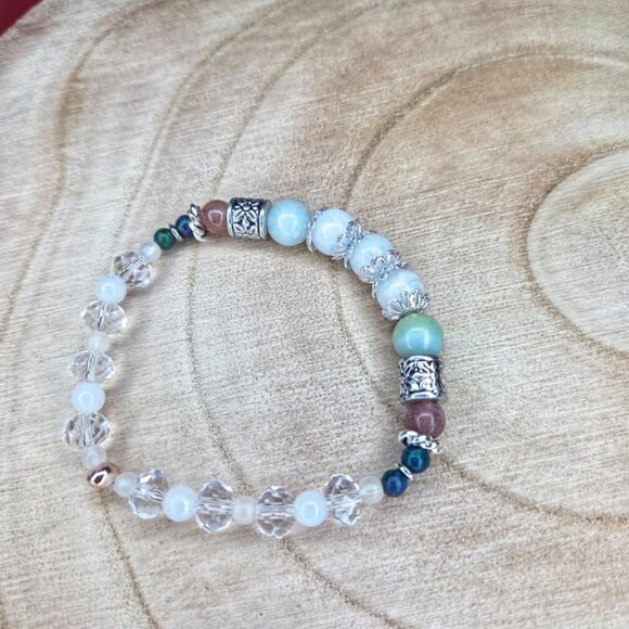 Amazonite, Moonstone, Chrysocolla & Strawberry Quartz Stretch Beaded Bracelet - Picture 4 of 6